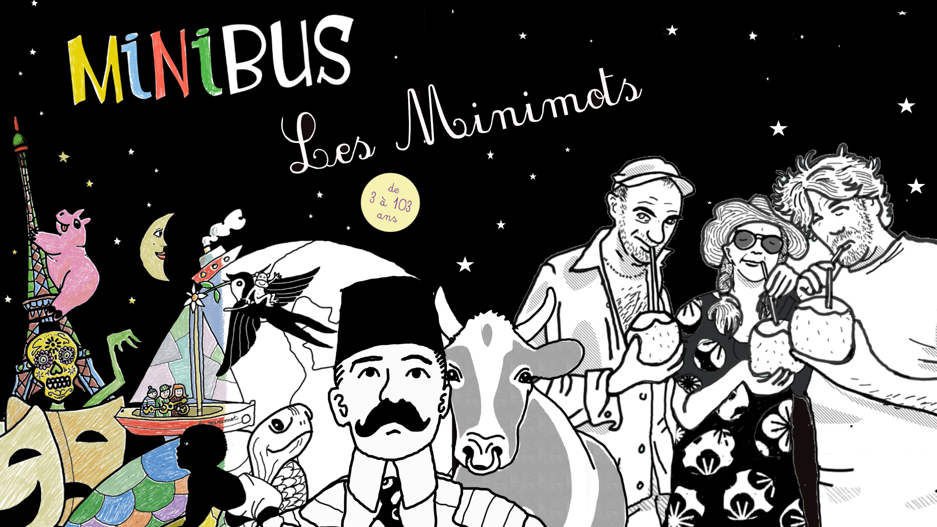 Illustration Les Minimots : le groupe Minibus dessiné sous un ciel étoilé, entouré de personnages et d'animaux colorés